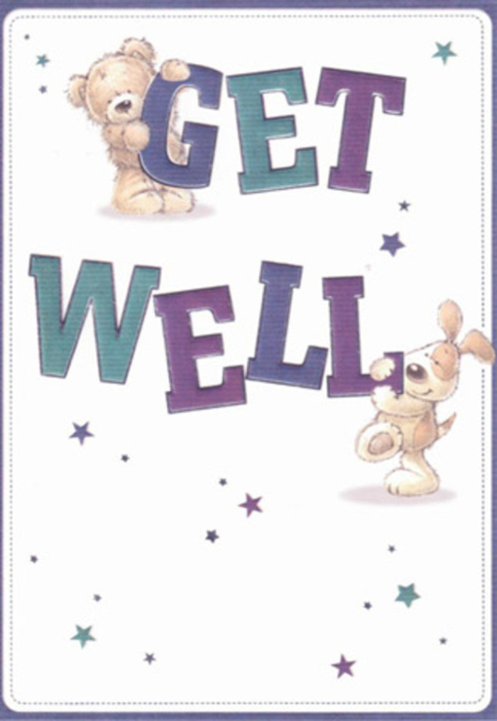 In this luminous get well card, the joyful partnership of a teddy bear and a puppy is captured in delicate brushstrokes that radiate innocent optimism. The scene feels as fresh and inviting as the riverside air along Waterloo's leafy walks, with a flurry of stars in cool aquas and purples scattered across a creamy white backdrop. Each character is thoughtfully rendered-the bear's gentle countenance and woolly texture, the puppy's playful stance and expressive, floppy ears-creating a sense of gentle companionship and unwavering care. The bold, oversized typography anchors the imagery, shaded luxuriously in blends of jewel-toned purples and teal blues, resembling the rich floral palettes often selected at Flowers Waterloo. The tactile layers and two-dimensional highlights suggest a loving hand at work, as if each detail has been arranged with the meticulous attention known to local florists. The card's spirit is tender but uplifting-a perfect token for sending warmth and encouragement to someone convalescing near the Old Vic or throughout the heart of SE1. It's an illustration that not only delivers a message but brings a sense of being wrapped in kindness, as thoughtfully composed as a bouquet destined to brighten a window ledge over Waterloo Road.