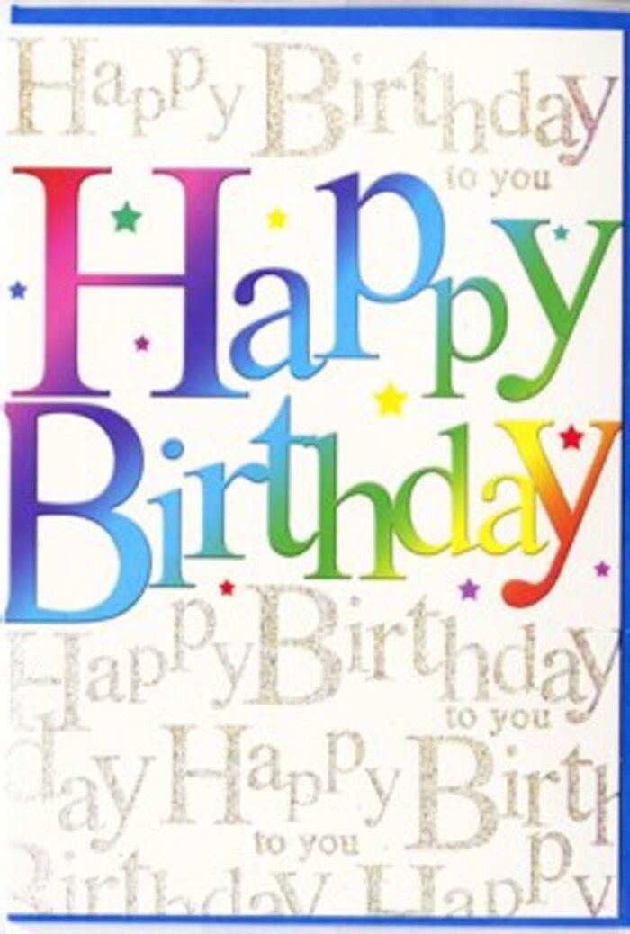 This birthday card design appears as a joyful burst of colour, the sort of piece a florist in Waterloo might place beside a vase of bright mixed blooms to complete a celebratory gift. The central focus is the bold Happy Birthday message, written in large, confident letters that seem to arch slightly across the card, creating an uplifting sense of movement. Each letter is filled with a rich gradient, shifting from deep berry red through velvety magenta, into cool ocean blue, leafy green, and gleaming yellow, before softening into warm tangerine and lavender. The colours flow as smoothly as petals arranged in a carefully layered bouquet, capturing the same cheerful spirit you feel walking past local shops near Lower Marsh or through the busy station concourse. Behind this colourful headline, the entire background is softly overlaid with repeating lines of Happy Birthday to you in fine, fluid gold script. The writing is delicate, with looping strokes that look almost handwritten, as though a friend has filled the card with heartfelt wishes. That metallic gold catches the light in a gentle shimmer, giving a slightly reflective sheen against the otherwise satiny card surface. Subtle specks and star-like flecks of colour peek through here and there, adding a playful, confetti-like touch without overwhelming the graceful design. The mood is unmistakably festive yet polished, ideal for anyone who loves both vibrant colour and understated elegance. It feels like a card chosen with intention-something you might select from a Waterloo florist to tuck beside a birthday bouquet, ensuring that the message is not just read, but felt as a warm and genuine celebration.