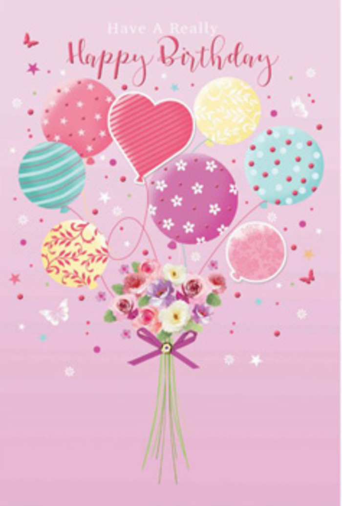 In this softly magical birthday scene, the illustration captures the feeling of a festive afternoon in Waterloo, where flowers and balloons share the spotlight. The background is a tender wash of pink, like the sky just before dusk, creating a gentle stage for a floating bouquet that seems ready to drift above the busy streets around the station. At the top of the composition, rounded balloons in pastel tones-shell pink, sea-glass green, lemon sorbet, and muted lavender-cluster together, each one individually patterned with candy stripes, playful polka dots, and delicate curls. A single heart-shaped balloon glows at the centre, its smooth, glossy surface catching the imagined light in a way that hints at affection and closeness. From this balloon cluster, strings trail downward and gather into a petite hand-tied bouquet. Here, small roses and soft, daisy-like flowers nestle side by side, their petals shaded from warm cream to blush and light mauve, as if just arranged by an experienced florist a short walk from the Southbank. The flowers look fresh and plump, with fine details that suggest careful, precise workmanship. A neat purple bow clasps the stems, its satin loops catching the eye like a tiny piece of birthday ribbon saved as a keepsake. Around the arrangement, whimsical butterflies flit and tiny stars drift, adding a hint of fairy-tale wonder, as though the card itself is filled with a quiet birthday wish. The overall mood is one of light-hearted celebration, perfectly suited for a birthday delivery around Waterloo, whether it's for a colleague in an office near The Cut or a friend celebrating at home overlooking the river.