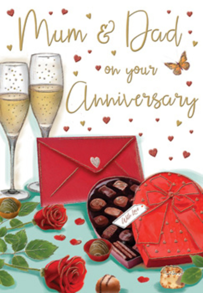 The artwork on this anniversary card presents a beautifully staged moment of togetherness, reminiscent of a special celebration in a tucked-away Waterloo apartment overlooking the bustle of the streets below. Two slender champagne flutes dominate the centre of the composition, their crystal-clear sides capturing and refracting soft, golden light from the bubbly champagne inside, the surface just beginning to fizz as if in mid-toast. In front of them, two sumptuous red roses rest on the tabletop, their velvety petals rich and saturated with colour, carefully drawn so that you can almost feel their softness. The roses are accompanied by glossy green leaves, adding a natural, freshly-cut feel that mirrors the kind of premium stems a local florist would select for an anniversary delivery around The Old Vic or Lower Marsh. To one side sits an open, heart-shaped box of chocolates, its deep red exterior finished with a luxurious bow, the interior lined and filled with perfectly arranged chocolates, a few pieces thoughtfully placed outside the box to suggest recent sharing. Just beyond, a vivid red envelope lies partly askew, sealed with a tiny heart motif, implying a handwritten message of love or thanks-perhaps to Mum & Dad on a landmark anniversary. Scattered gold and crimson hearts, along with soft glimmers of light, float throughout the scene, adding a sense of sparkle and gentle motion that recalls the twinkle of nearby city lights at dusk. The background remains subtle and creamy, allowing the reds, golds, and greens to take centre stage and evoke feelings of warmth, indulgence, and gratitude. As someone who creates anniversary arrangements for homes all around Waterloo and the South Bank, I recognise in this illustration the same intention: to honour shared years with beauty, sweetness, and a quiet, enduring romance.