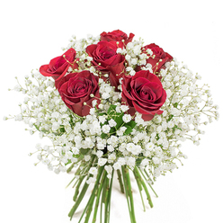 Crafted with the attentive artistry of a local Waterloo florist, this symphony in red and white pairs exuberant crimson roses-each petal lush and gently curled-with airy halos of baby's breath that bring lightness and innocence to the composition. The roses stand proud, their velvet textures and saturated, wine-red tones capturing the eye amid swirls of delicate white gypsophila. Rounded and compact in its architecture, the arrangement sits elegantly in a sleek glass vase, the vibrant green stems assembling beneath the water line like a living tapestry. As the sunlight bathes the bouquet, every petal radiates vitality-the scene reminiscent of quiet mornings near the banks of the Thames or a stroll through Emma Cons Gardens. The contrast of colour and form creates a tactile, multidimensional experience, inviting both touch and admiration. This bouquet's timeless elegance makes it an ideal choice for heartfelt gestures, from anniversaries to simple declarations of love, each stem attuned to the emotions and traditions of the Waterloo neighborhood.