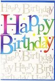 In this image, a birthday card stands proudly, its front a vivid celebration that mirrors the lively, creative atmosphere around Waterloo and the South Bank. The main feature is the phrase Happy Birthday, displayed in generous, bold letters that stretch across the card like a banner at a party. Each letter wears a gradient of colour that transitions seamlessly from deep crimson and rosy pink into rich cobalt, fresh lime, sunny yellow, and mango orange, with hints of purple at the edges, evoking the look of a rainbow-coloured floral arrangement in a local Waterloo flower shop window. These colours feel saturated but soft-edged, like ink blending on smooth, high-quality card stock. Behind the headline, the background is densely patterned with fine gold script repeating Happy Birthday to you in flowing, cursive lines. This delicate writing forms a shimmering backdrop, catching the light with a subtle metallic glint, reminiscent of fairy lights twinkling outside a cosy café near Waterloo Station at dusk. The gold script is not meant to be read word by word so much as experienced as a gentle, sparkling texture that supports the bold central message. Tiny, scattered dots and starry flecks of colour appear between the letters, suggesting confetti tossed into the air at the height of a toast. The overall impression is one of joyful sophistication: playful, full of life, yet thoughtfully balanced. It's the kind of birthday card you'd happily pair with a cheerful bouquet for delivery across Waterloo and neighbouring streets, a card that doesn't just offer good wishes but brings a whole sense of festive atmosphere to the celebration.