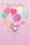 This charming birthday design feels like a little party drifting above Waterloo, painted across a soft pink background that glows with warmth. From the centre rises a cluster of pastel balloons, their rounded forms overlapping like bubbles of happiness. Each balloon is decorated with its own character: some wear swirling candy-coloured stripes, others are sprinkled with cheerful polka dots, and a standout heart-shaped balloon gently anchors the eye, symbolising love and appreciation. The palette is a soothing blend of blush pink, mint green, gentle yellow, and lilac, with a subtle sheen that hints at light catching their smooth surfaces, much like evening reflections along the nearby Thames. The balloons' strings descend into a hand-tied bouquet at the base, where delicate roses and daisy-like blossoms in cream, blush, and dusky mauve cluster together. Their petals appear soft and velvety, carefully arranged as though by a skilled Waterloo florist preparing a birthday surprise for a home near the Old Vic or an apartment off Blackfriars Road. A slender violet ribbon wraps snugly around the stems, its satin bow adding a final note of polish and care. Scattered butterflies and tiny stars float through the composition, suggesting movement and the quiet excitement of a birthday morning. The scene feels light, hopeful, and thoroughly celebratory-a visual expression of a heartfelt birthday greeting, ideal for those who want their card and flowers to carry not just colour, but a sense of thoughtfulness and joy unique to a local delivery in the Waterloo neighbourhood.