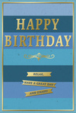 This birthday card presents a tranquil yet festive design, ideal for a thoughtful celebration in the heart of Waterloo. The entire face of the card is covered in wide, horizontal stripes that flow from dark navy at the base to softer mid-blues, teal, and finally a light, airy sky blue near the top. The gradation is smooth and gentle, evoking the calm of early morning light over nearby streets like Lower Marsh or the quiet corners around the South Bank. Centred over these cool tones, the words HAPPY BIRTHDAY appear in bold, embossed gold lettering, each character standing slightly proud of the surface so that the text could be traced by touch. The metallic gold has a delicate gleam, shining without overwhelming the serene blues behind it. Just beneath the main greeting, an elegant gold flourish sweeps horizontally, adding a decorative, almost classical note. Below this flourish, three slim, stacked gold banners carry the friendly message: Relax, have a great day and enjoy! Each banner is neatly defined, with crisp edges and a smooth, reflective sheen. The card's blue areas look matte and soft, almost velvety, while the raised gilded details introduce a tactile variation that feels refined and luxurious. A slender gold border runs around the edge, framing the design like a window into a calm, celebratory moment. One can imagine this card standing beside a vase of fresh birthday flowers delivered to a flat near Waterloo station, quietly radiating kindness, balance, and an invitation to slow down and truly enjoy the day.