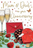 This illustrated anniversary card portrays a warmly lit celebration table that feels as inviting as an evening in a cosy Waterloo townhouse. Two tall champagne flutes stand close together at the centre, their stems nearly touching, filled with sparkling, golden champagne that seems to capture soft ambient light, as if candles are flickering just out of view. Nestled in front of the glasses, a pair of deep red roses lies gently on the tabletop, petals lush and full, their velvety texture contrasted by the shine of their rich green leaves, much like the fresh, premium blooms arranged daily by Flowers Waterloo for local anniversaries. To the right, a heart-shaped box of chocolates, wrapped in luxurious crimson with an opulent red bow, is opened to reveal neat rows of glossy truffles, with a couple of chocolates placed invitingly on the table, hinting at a moment of sharing. A scarlet envelope sealed with a small heart rests nearby, angled so it feels recently placed, suggesting private, affectionate words written for a partner or beloved parents after a stroll near the South Bank or a meal on The Cut. Around this central tableau, floating gold and red hearts and soft speckles of light drift across a cream-toned background, echoing the sparkle of the champagne and lending the scene a dreamy, romantic atmosphere. The overall impression is one of tender celebration and heartfelt gratitude, the kind of intimate anniversary moment where time seems to slow, glasses are raised, and love-seasoned by years and memories-takes centre stage. From a florist's eye, it combines the sensory pleasure of roses, chocolate, and champagne into a single, beautifully composed image that honours enduring relationships.